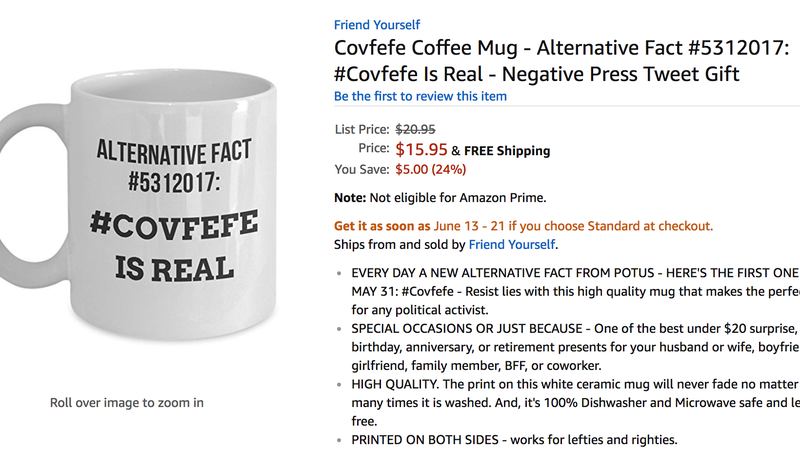 Illustration for article titled Be the Saddest Guy in the Office With Amazon's Embarrassing 'Covfefe' Swag